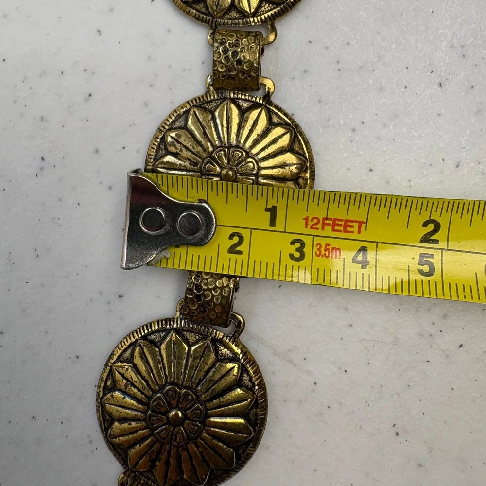 Vintage Antiqued Brass Floral Concho Chain Belt Boho Western Medallion Gold Tone